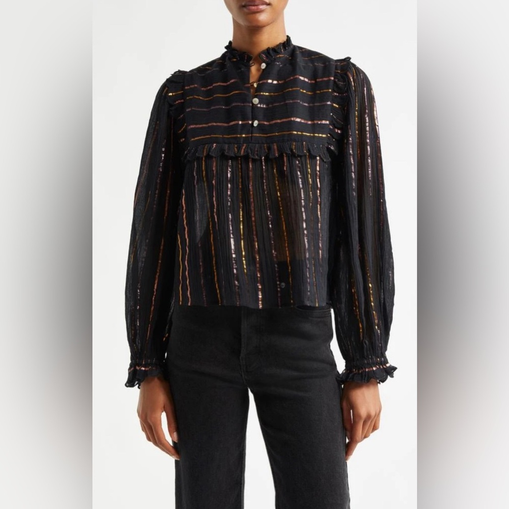 Farm Rio Metallic Stripe long sleeve Ruffle Shirt sz XXS NWOT